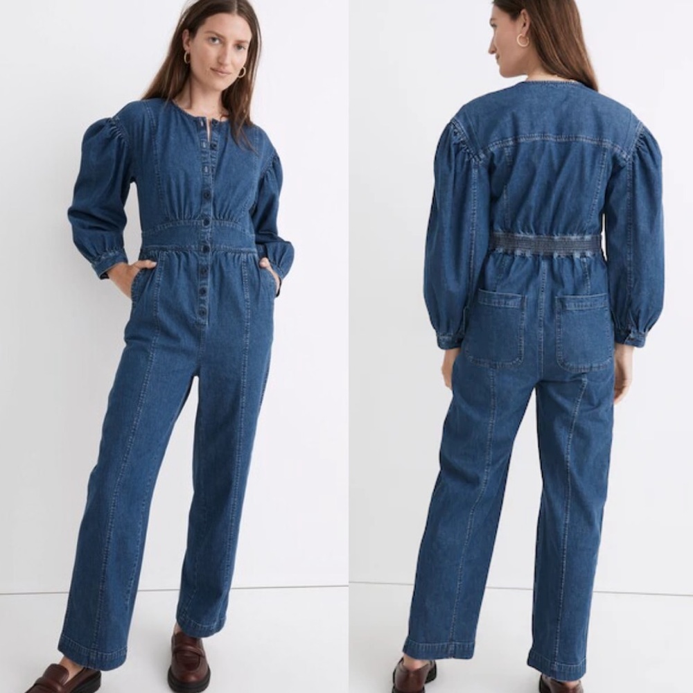 Madewell Jumpsuit Womens 8 Denim Straight-Leg Puff Long Sleeve Utility Carpenter